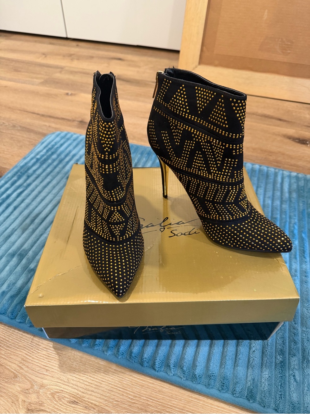 Thalia Sodi Black and Gold Studded Pointed Ankle Booties
